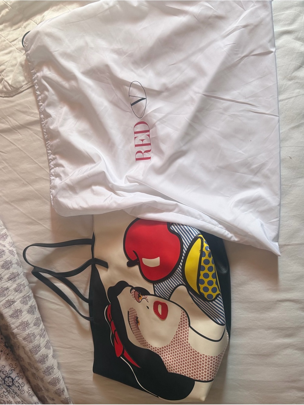 RED Valentino Snow White Black, Red, Yellow Pop Art Tote